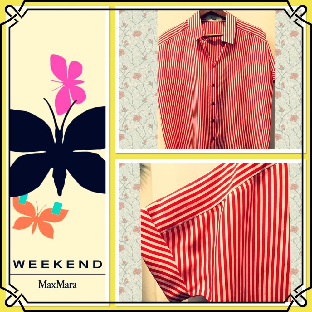 WEEKEND by MaxMara Striped Short-Sleeve Button Down Silk Blouse